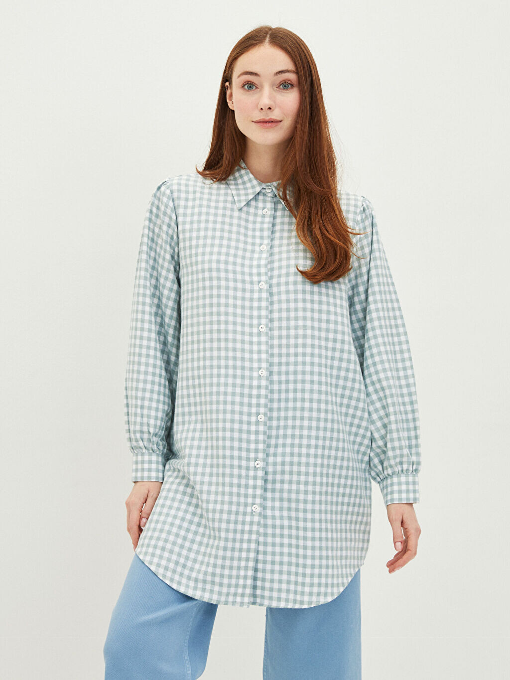 

Женская туника с длинным рукавом в клетку с воротником рубашки LCW Modest