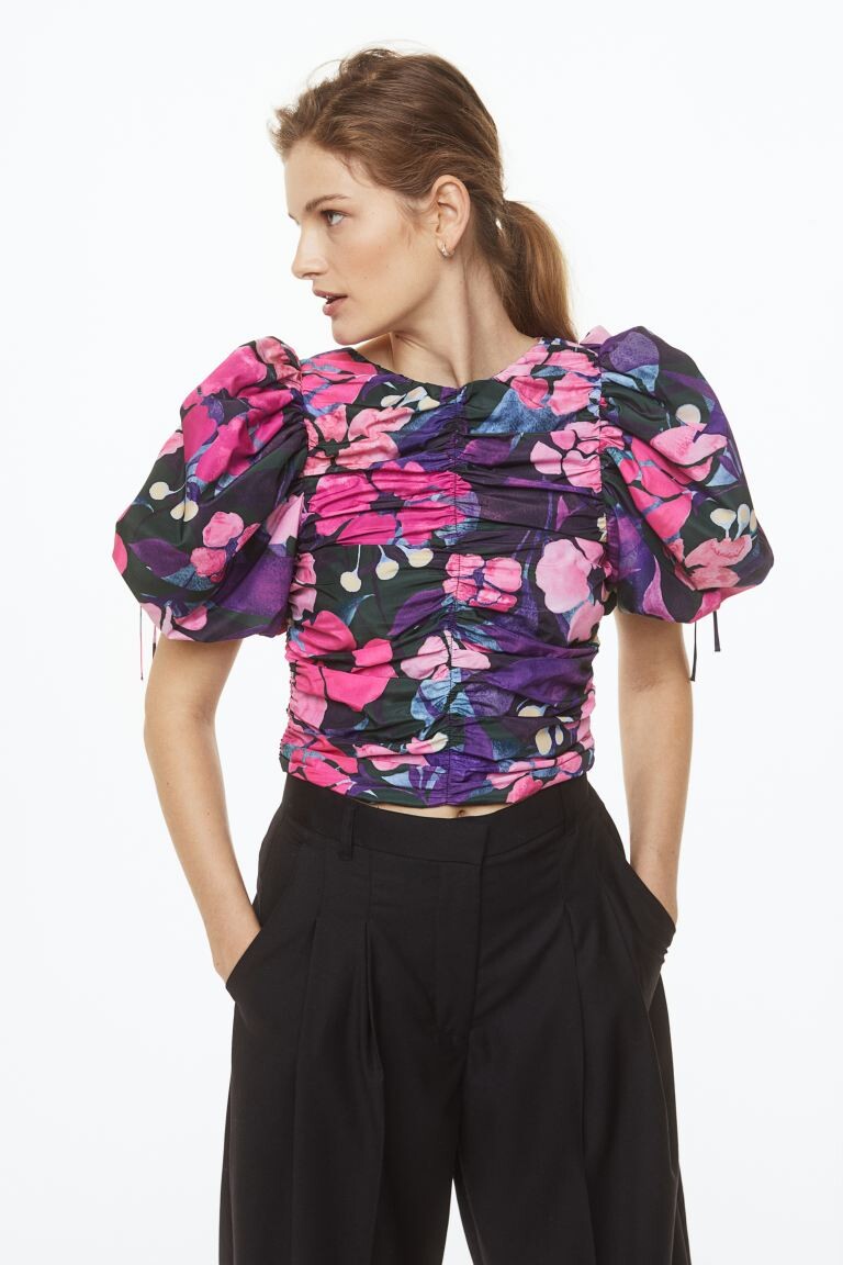

Мятая блуза с пышными рукавами H&M, черный/цветы