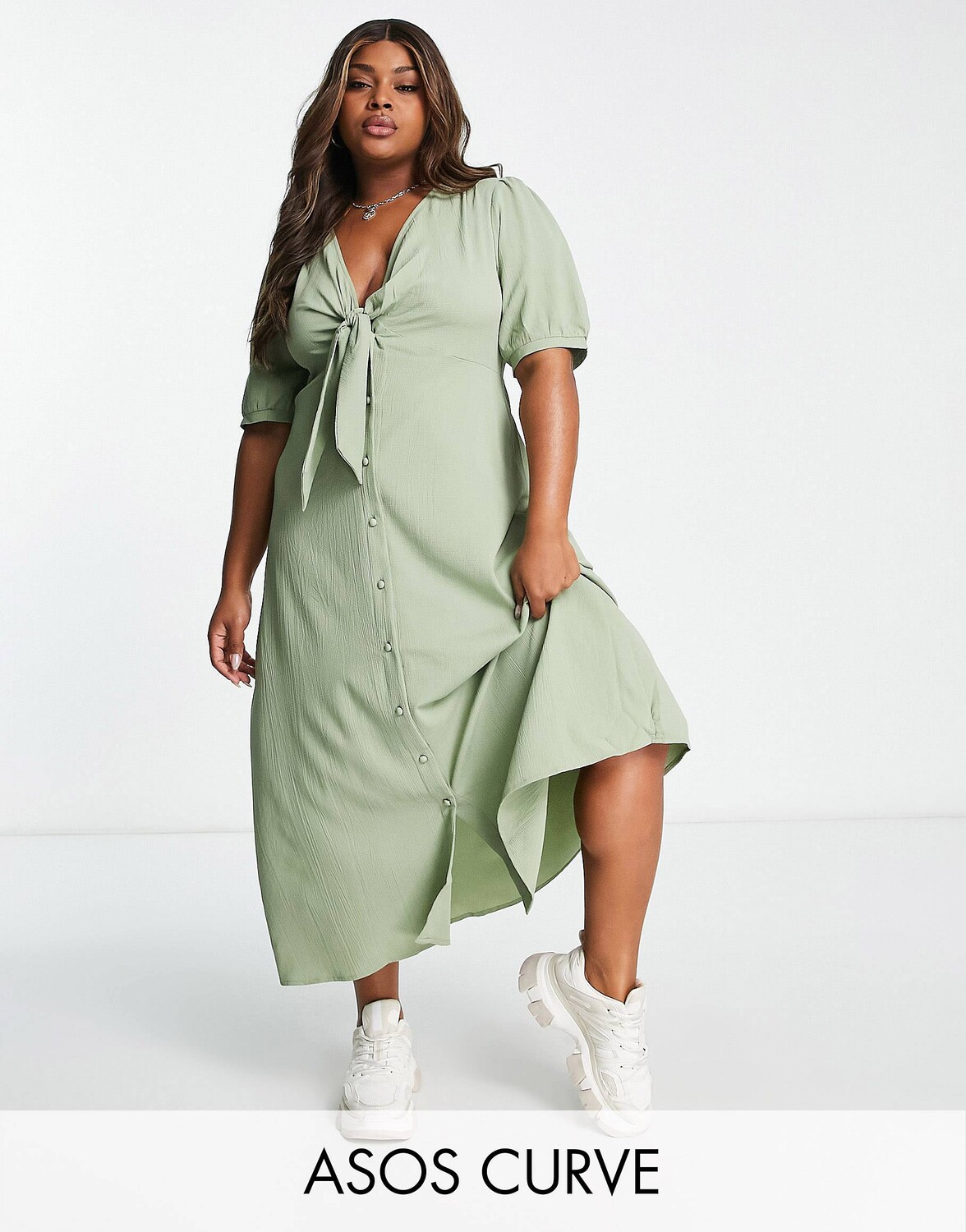 

Платье миди цвета хаки с завязками на пуговицах спереди ASOS DESIGN Curve