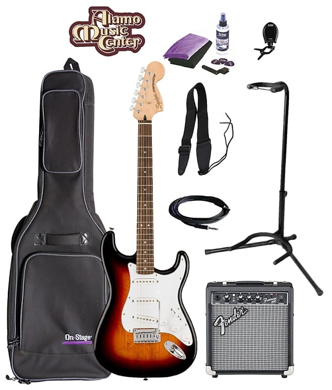 

Squier Affinity Series Stratocaster, Laurel FB, 3-цветный комплект Sunburst с сумкой и усилителем Affinity Series Stratocaster, Laurel FB, Bundle w/ Gig Bag and Amp