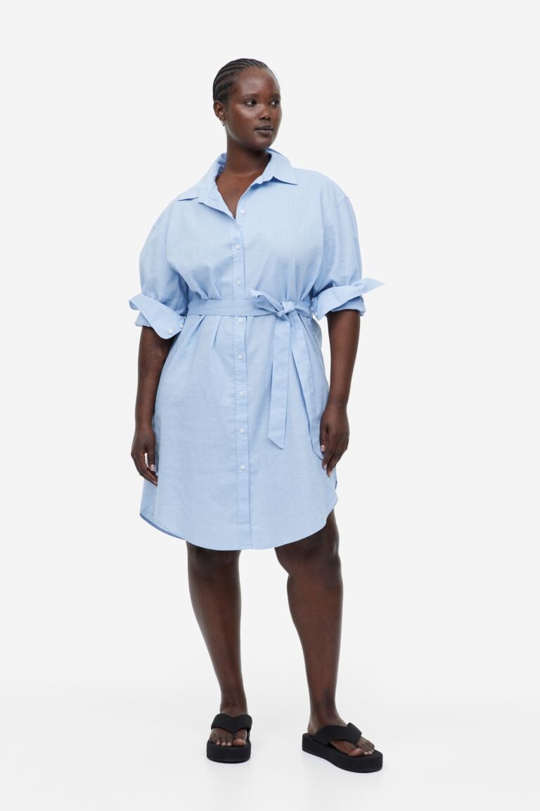 

Платье-рубашка из смесового льна H&M, светло-синий