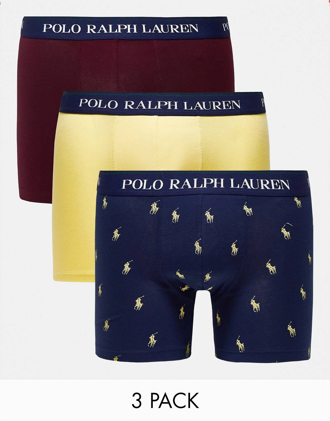 

Комплект из 3 пар трусов Polo Ralph Lauren желтого/темно-синего/бордового цвета со сплошным логотипом в виде пони