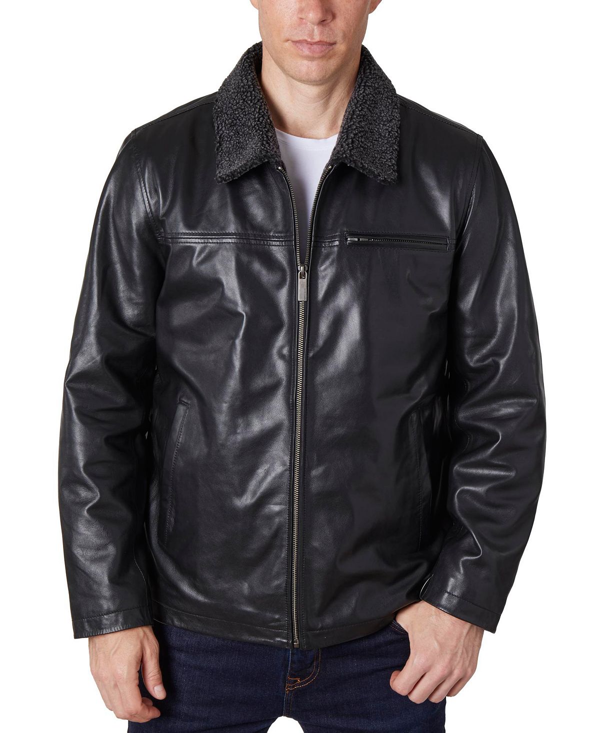 Мужская кожаная куртка на молнии Perry Ellis, черный куртка uniqlo comfort 2b с нагрудным карманом темно синий