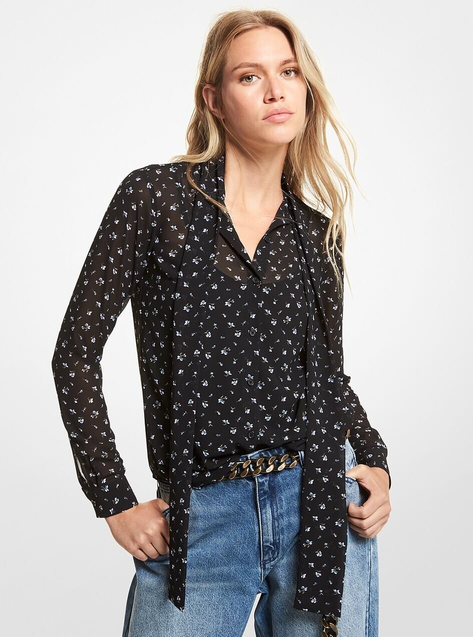 

Блуза Michael Michael Kors Floral Georgette Tie-Neck, черный