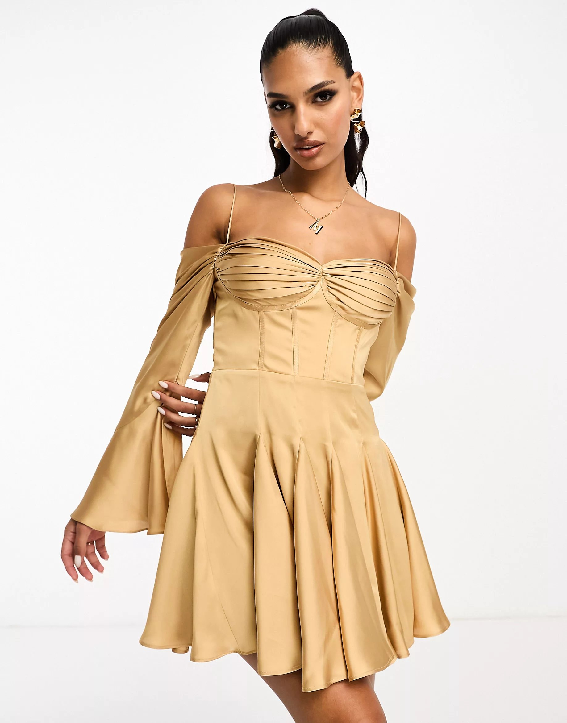 Платье мини Asos Design Draped Corset Off The Shoulder Satin With Godet, золотистый цена и фото