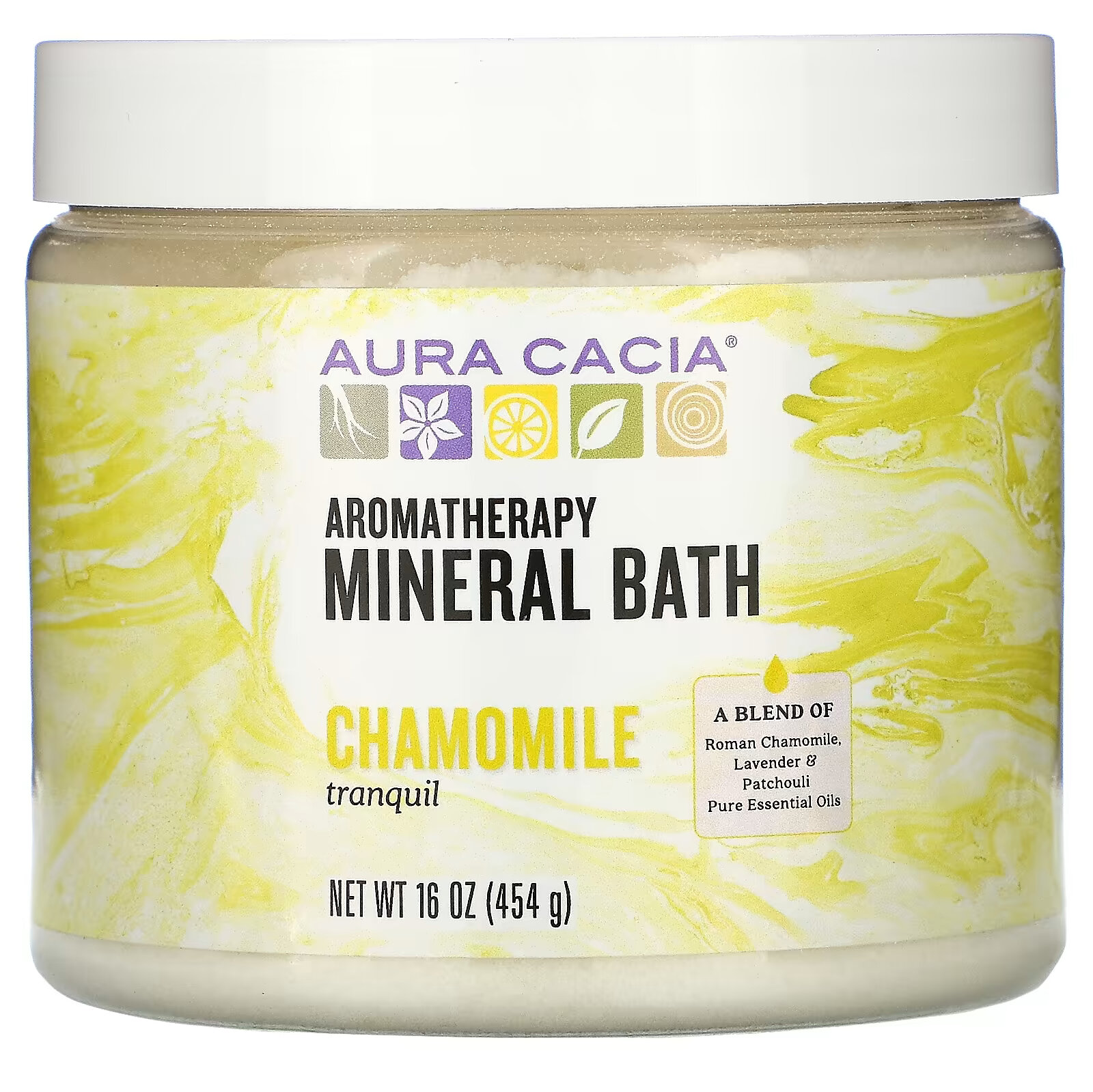 aura cacia ароматерапевтическое минеральное средство для ванны расслабляющий сладкий апельсин 2 5 унции 70 9 г Aura Cacia, Ароматерапевтическое средство для ванны с минералами, успокаивающая ромашка, 16 унций (454 г)
