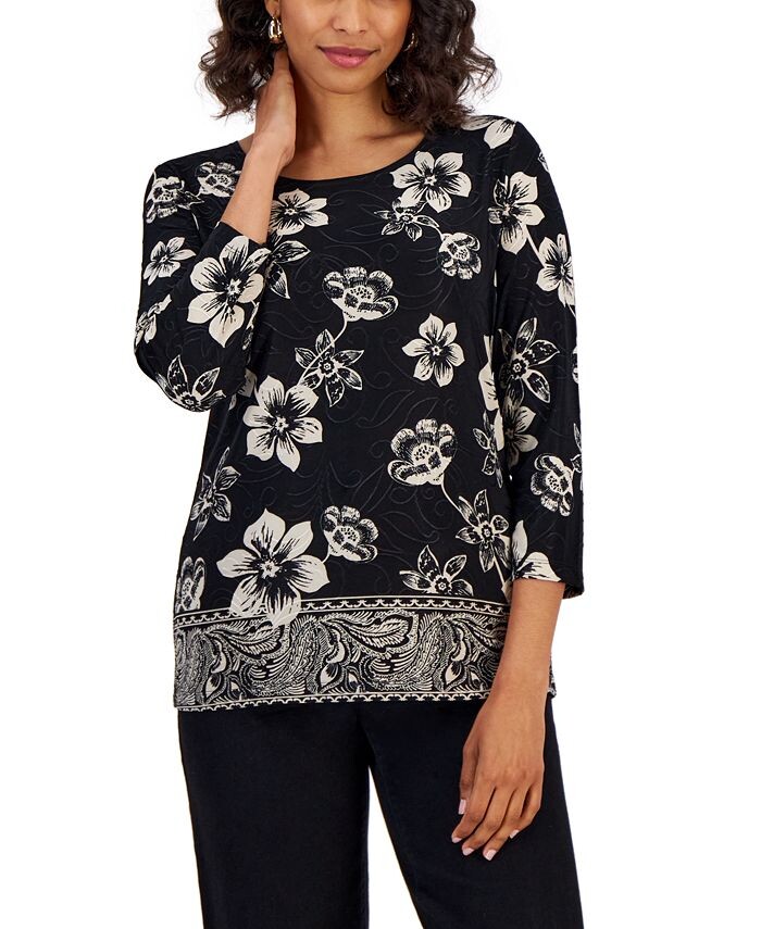 

Жаккардовый топ Petite Bold Blooms с рукавами 3/4 JM Collection, черный