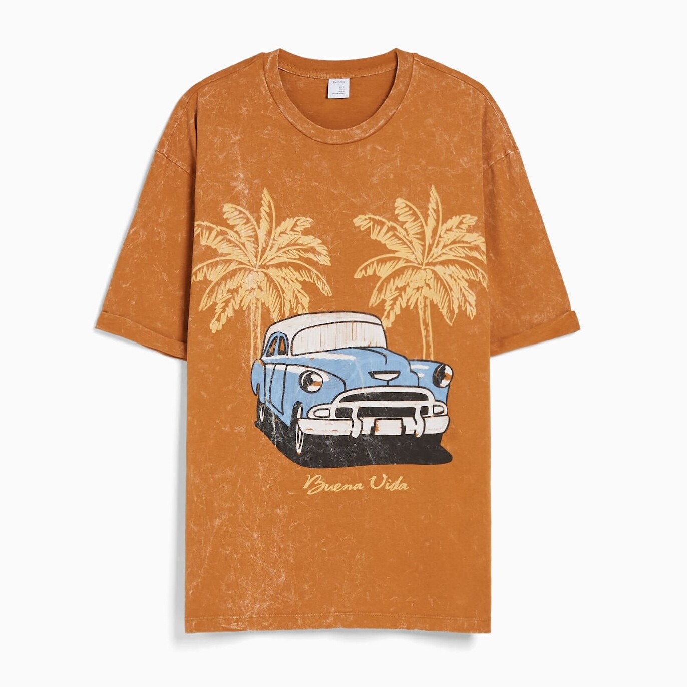 

Футболка Bershka Boxy Fit Printed With Short Roll-up Sleeves, оранжевый