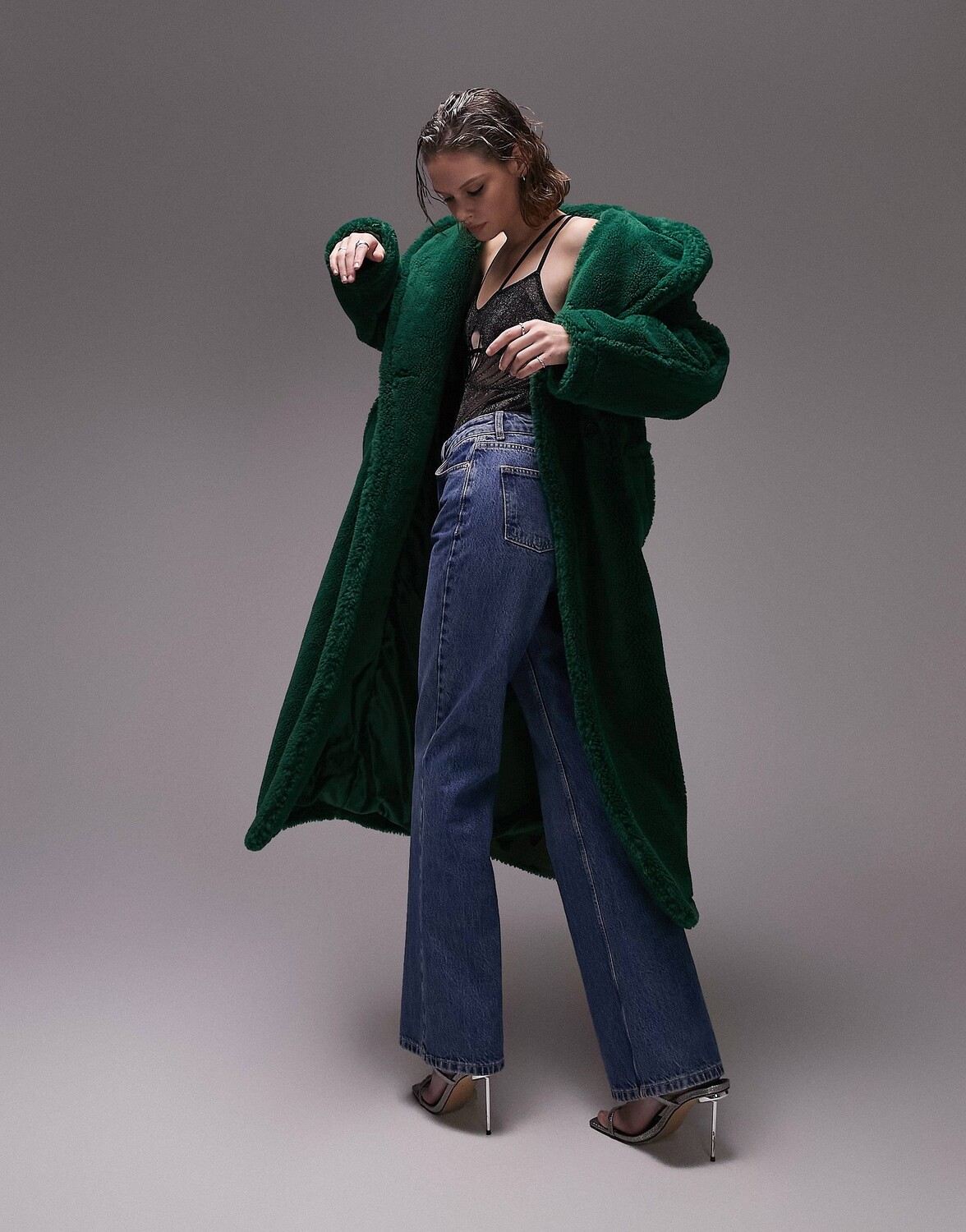 

Зеленое пальто с капюшоном Topshop, Зеленый