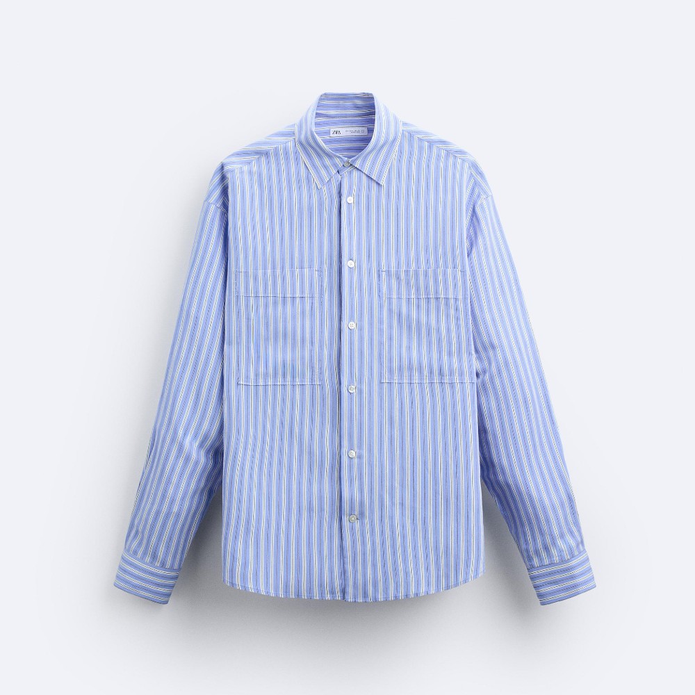 Рубашка Zara Striped With Pockets, синий рубашка zara textured with pockets бежевый