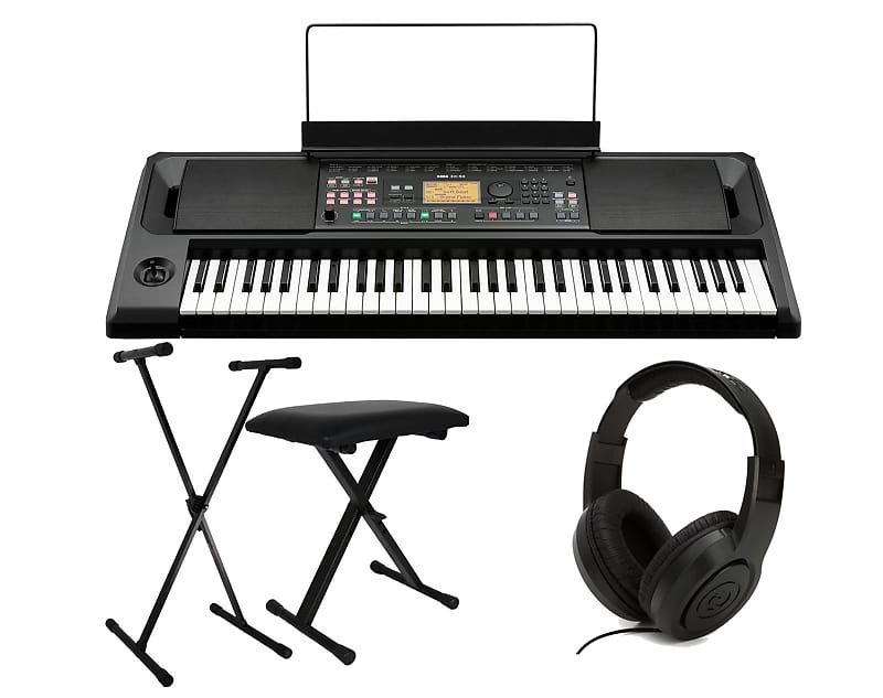 Korg EK-50 61-Key Arranger Entertainer Keyboard (черный), стартовый комплект со скамейкой, подставкой и наушниками Samson SR350 stn 28 cat style headphones black