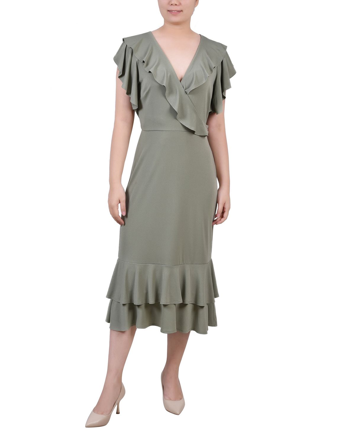 цена Миниатюрное платье с короткими развевающимися рукавами и рюшами NY Collection, мульти