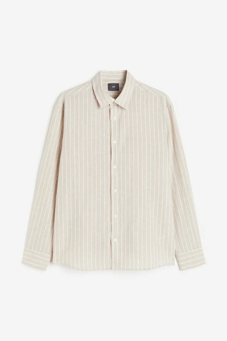 

Рубашка H&M Regular Fit Linen-blend, бежевый в полоску