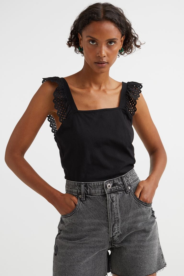

Хлопковый топ с оборками H&M, черный