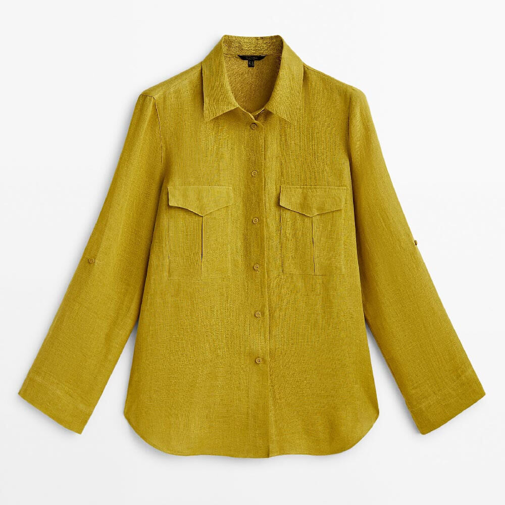 

Рубашка Massimo Dutti 100% Linen With Pockets, зеленовато-желтый