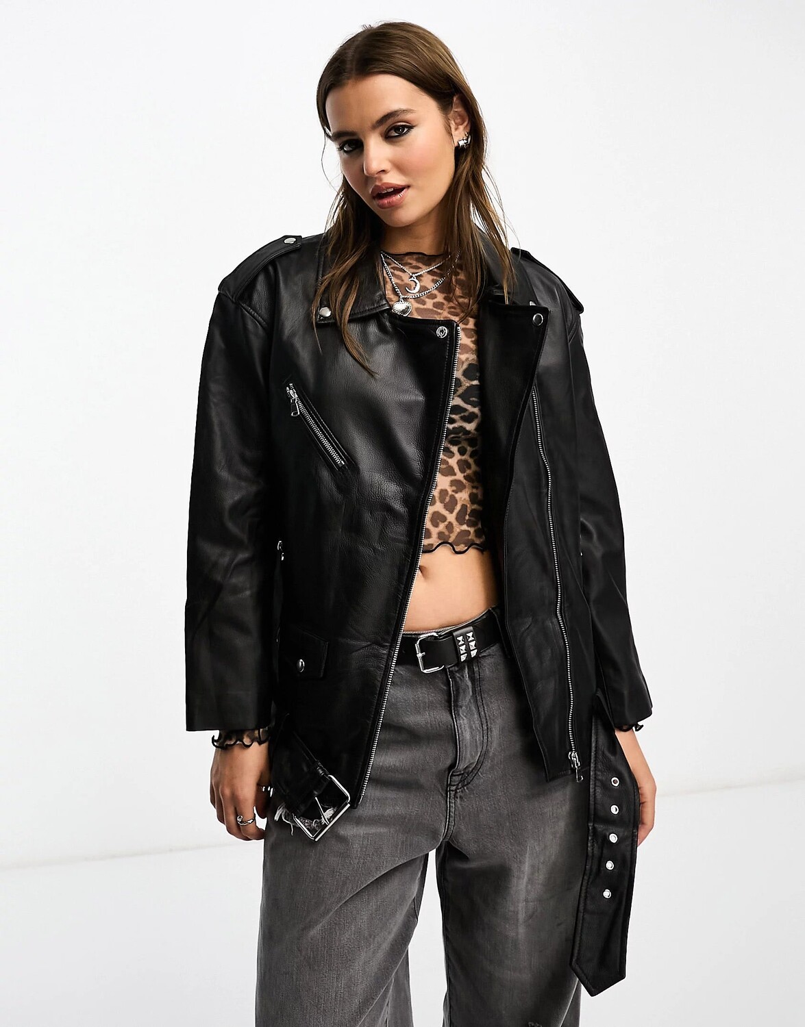 Куртка Asos Design Oversized Premium Real Leather Biker, черный