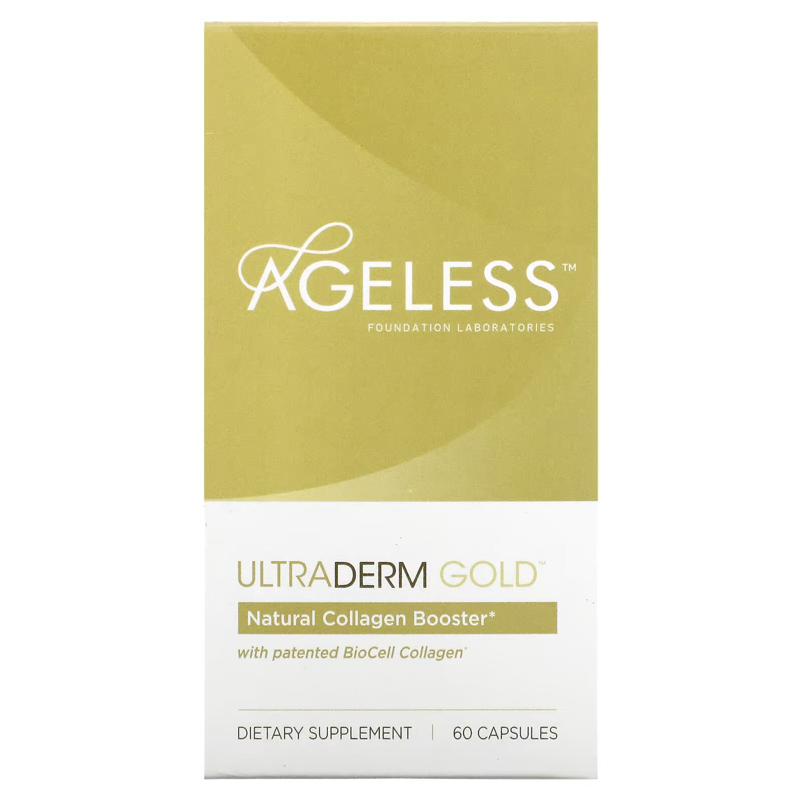 Ageless Foundation Laboratories, UltraDerm Gold, натуральная коллагеновая поддержка с запатентованным коллагеном BioCell, 60 капсул ageless foundation laboratories ультрадерм голд коллаген стимулятор 60 капсул