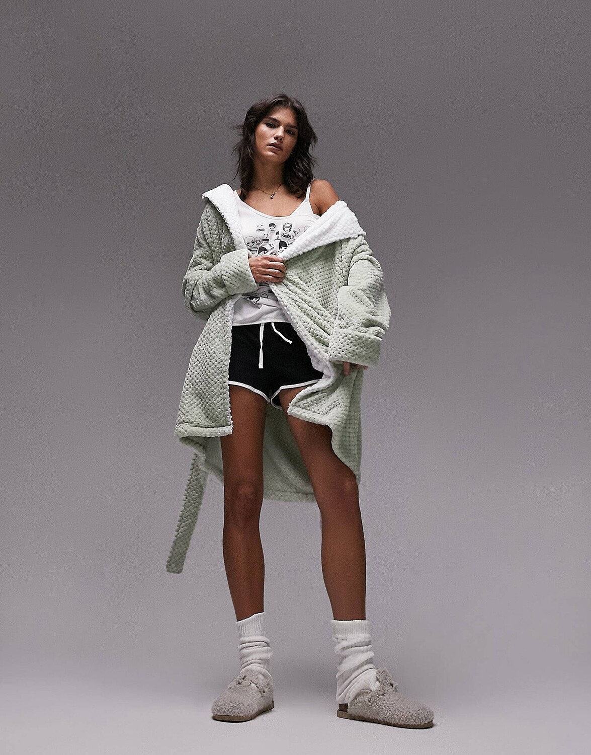

Текстурированный уютный халат цвета шалфея Topshop с капюшоном