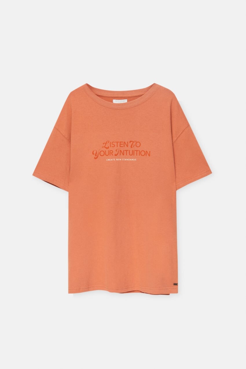 

Оранжевая футболка Pull&Bear со слоганом и пальмой, ярко-оранжевый