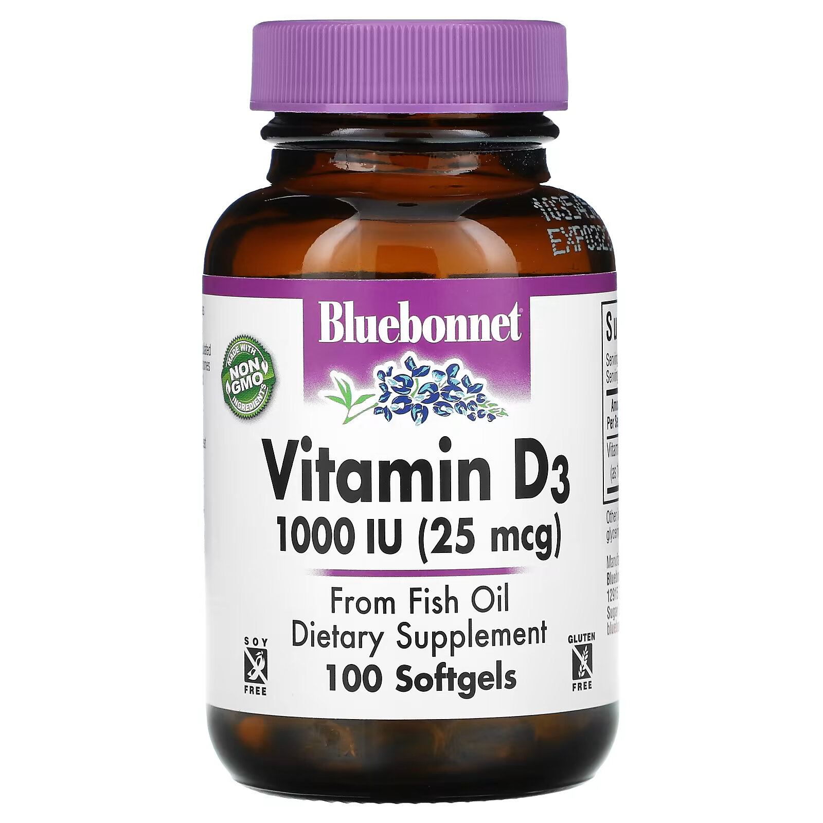 Bluebonnet Nutrition, Vitamin D3, 1,000 IU (25 mcg), 100 Softgels vitamin d3 50 mcg 2 000 iu 360 fish gelatin softgels