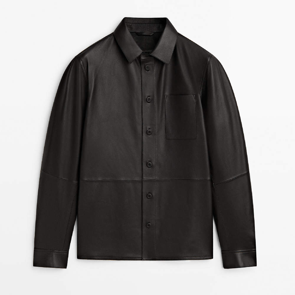 Кожаная рубашка Massimo Dutti Nappa With Chest Pocket, черный куртка рубашка massimo dutti cotton with chest pocket хаки