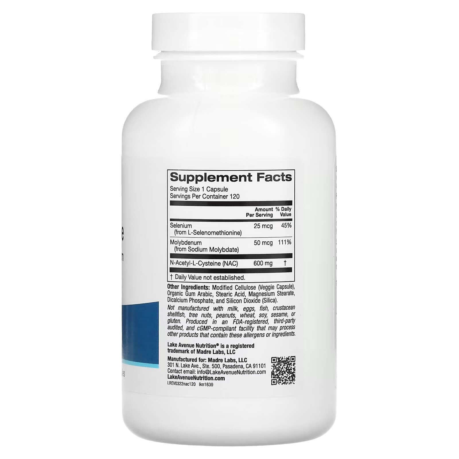 N-ацетилцистеин с селеном и молибденом 600 мг Lake Avenue Nutrition, 120 капсул
