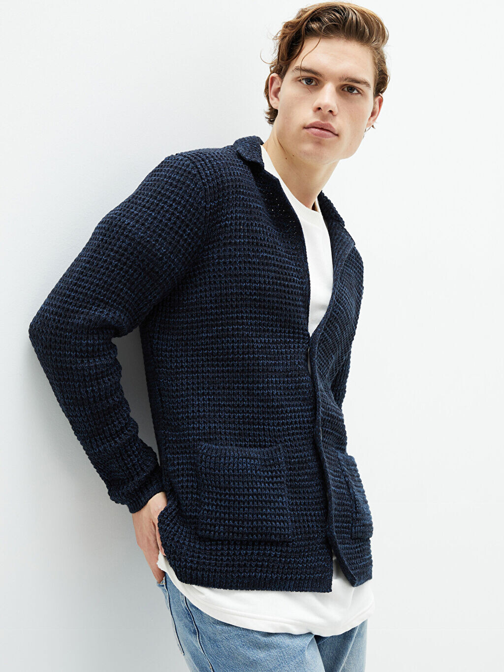 

Мужской трикотажный кардиган Slim Fit с отложным воротником LCW Casual, Черный