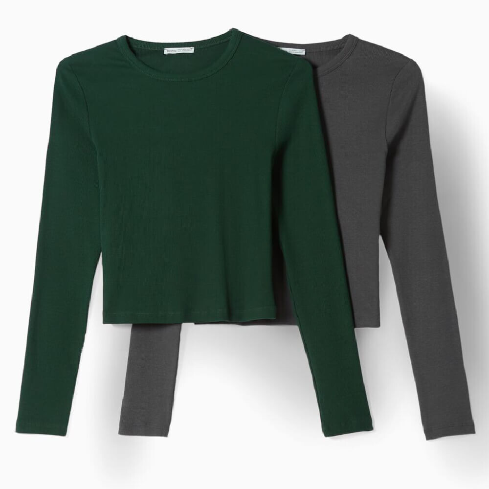 

Комплект топов Bershka Long Sleeve Ribbed, темно-зеленый/серый