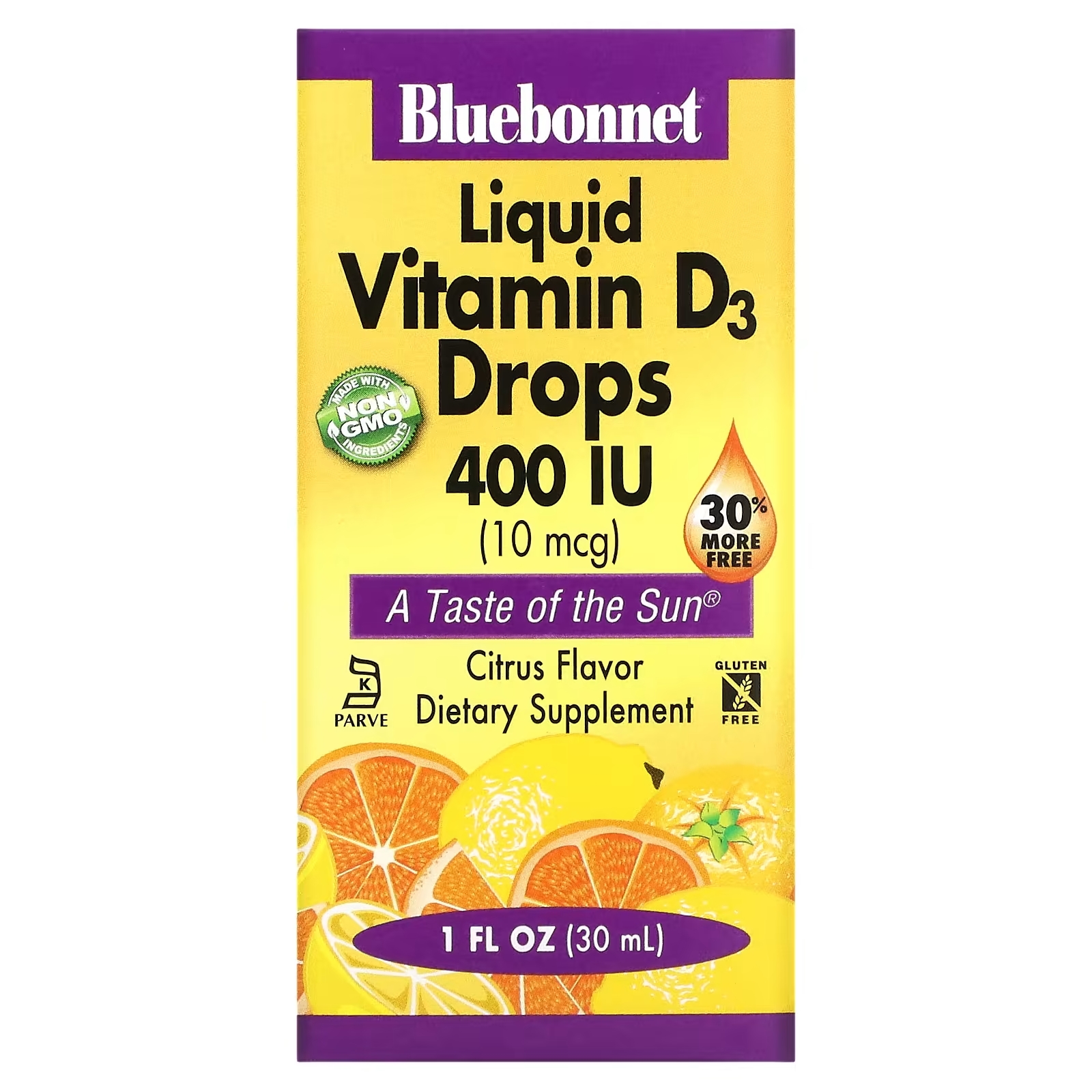 Bluebonnet Nutrition Жидкий витамин D3 в каплях натуральный аромат цитрусовых 400 МЕ, 30 мл