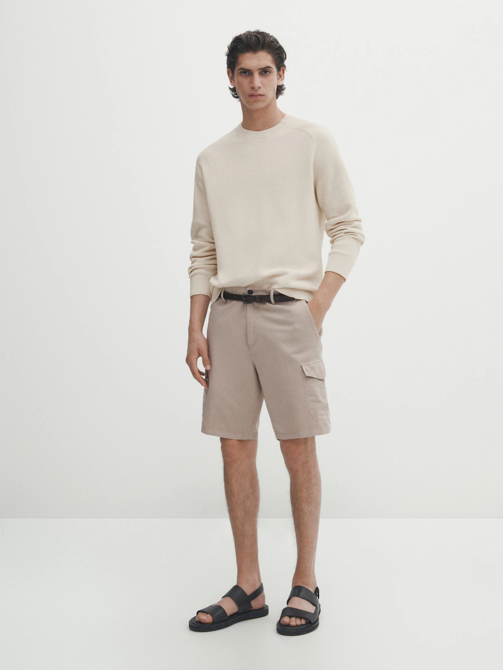 

Шорты cargo из смешанного хлопка и льна Massimo Dutti, бежевый