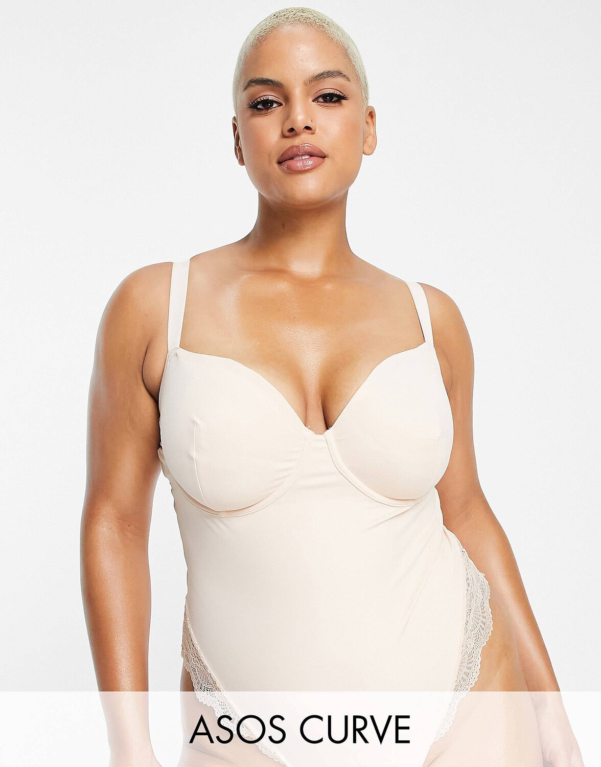 

Бежевое боди средней длины на косточках с кружевом ASOS DESIGN Curve Contouring