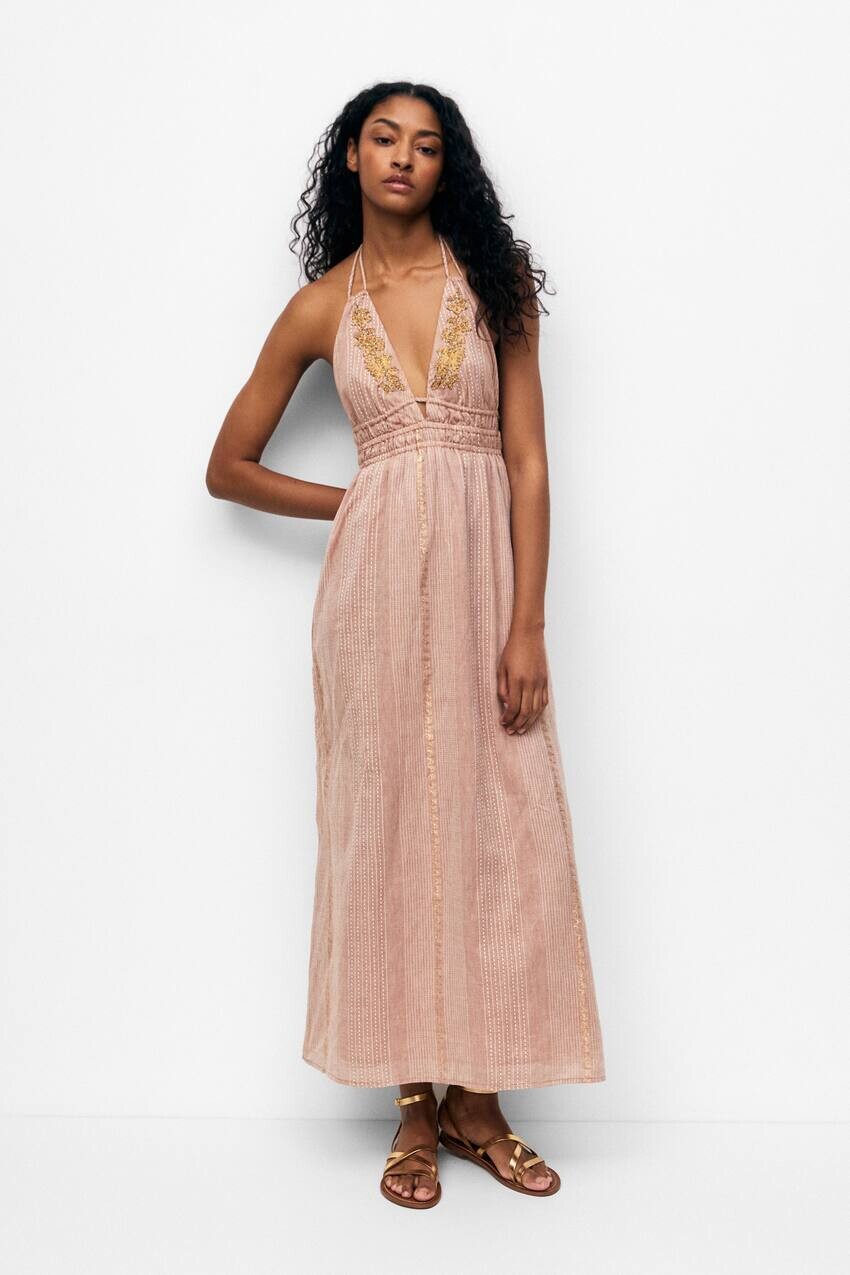 

Длинное платье с вышивкой Pull&Bear, песочный