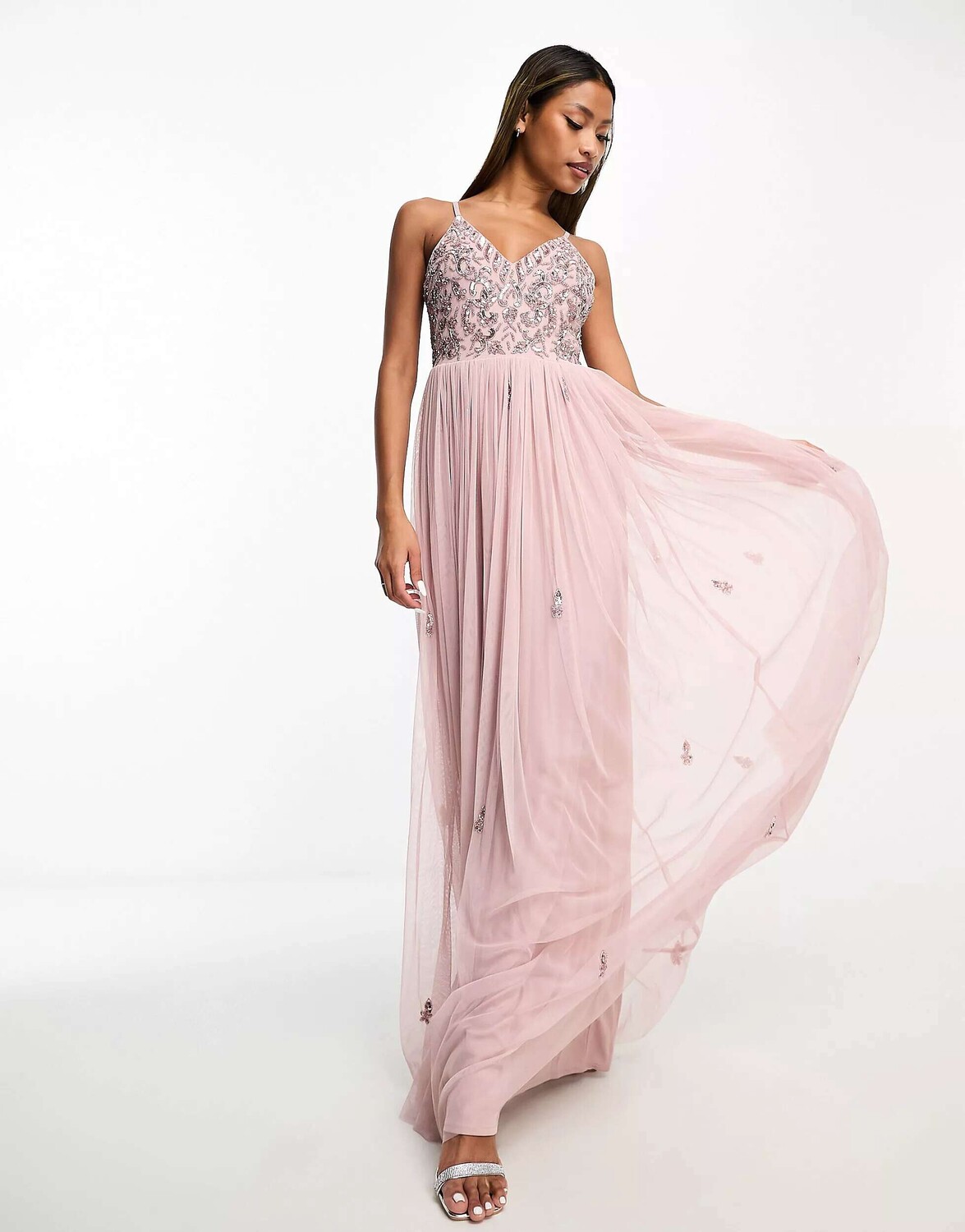 

Платье макси 2 в 1 Beauut Bridesmaid с декорированным верхом и тюлевой юбкой матово-розового цвета, Розовый