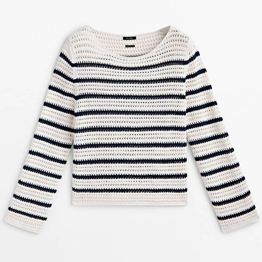 

Свитер Massimo Dutti Striped Crochet Knit, кремовый, Бежевый