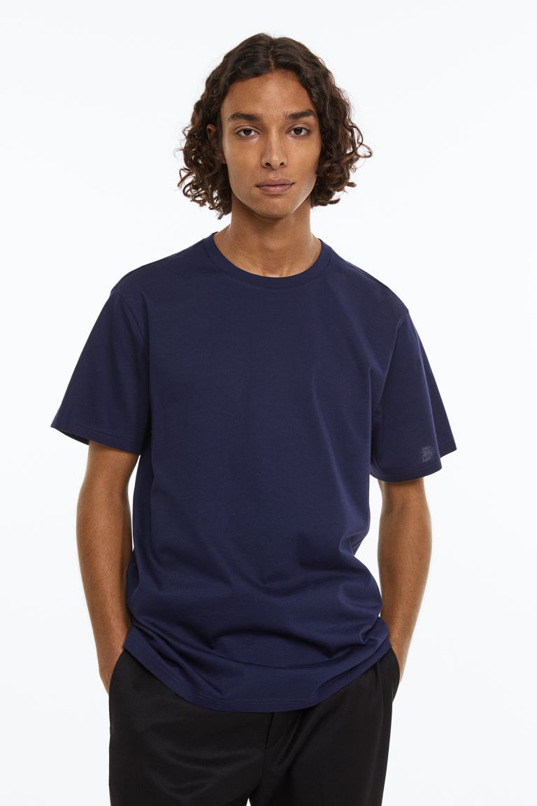 Футболка классического кроя с круглым вырезом H&M, темно-синий футболка классического кроя с круглым вырезом h