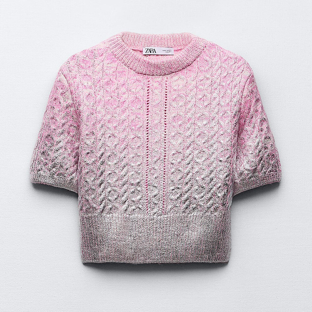 

Укороченный свитер Zara Cable-knit Metallic, розовый