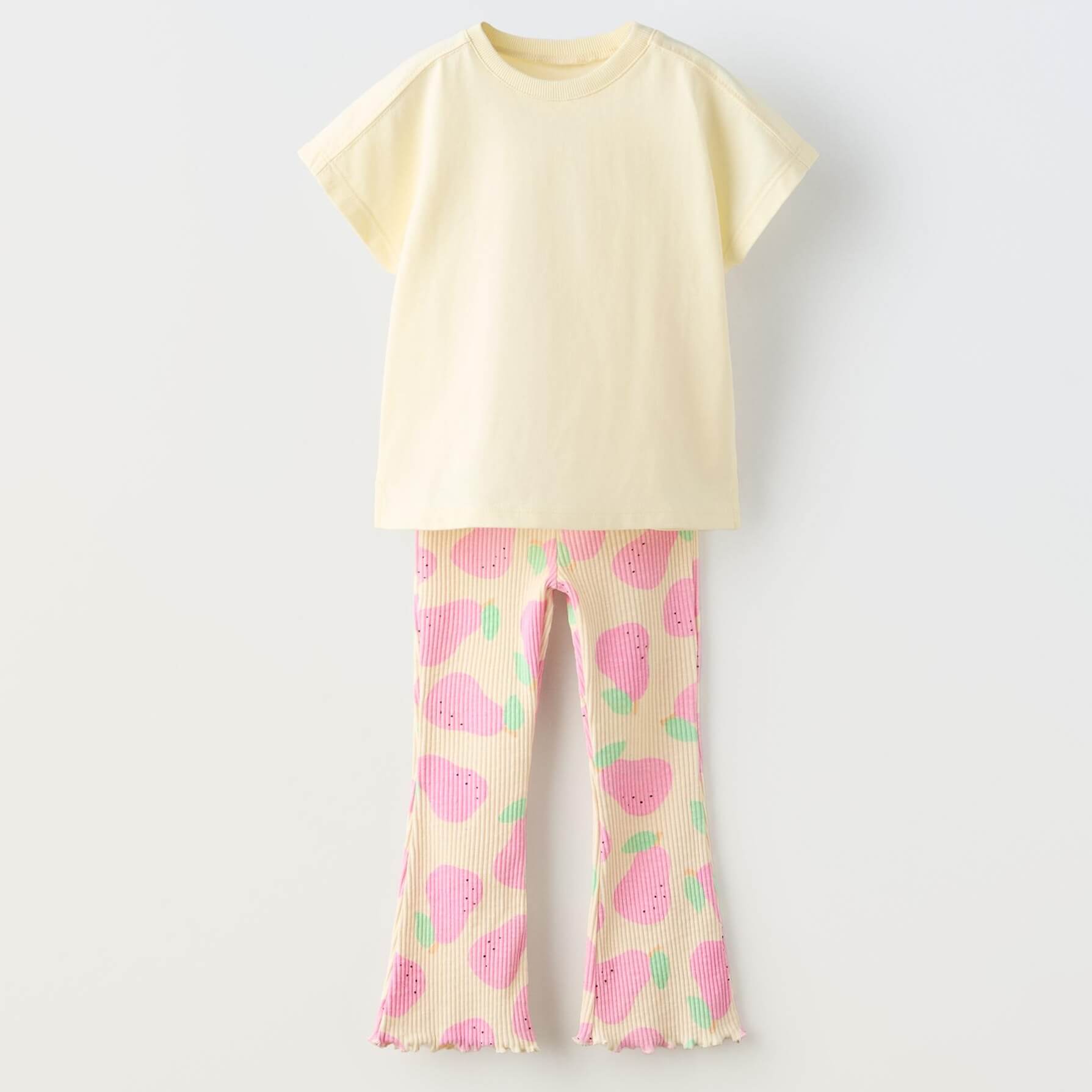 Комплект футболка + брюки Zara Summer Camp Printed Flare, розовый/светло-желтый