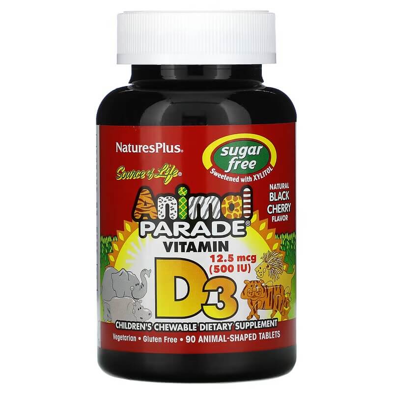 цена Витамин D3 NaturesPlus без сахара со вкусом черной вишни 12,5 мкг (500 МЕ), 90 таблеток