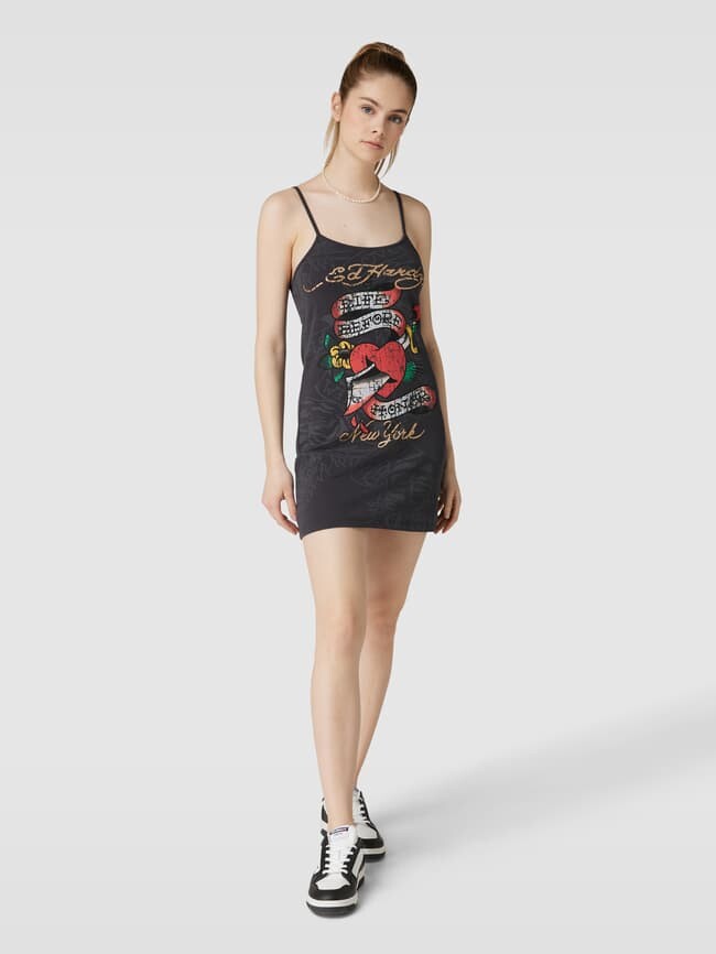 

Мини-платье с принтом-лейблом, модель «КРАСИВО-НО-ОПАСНО» Ed Hardy, антрацит
