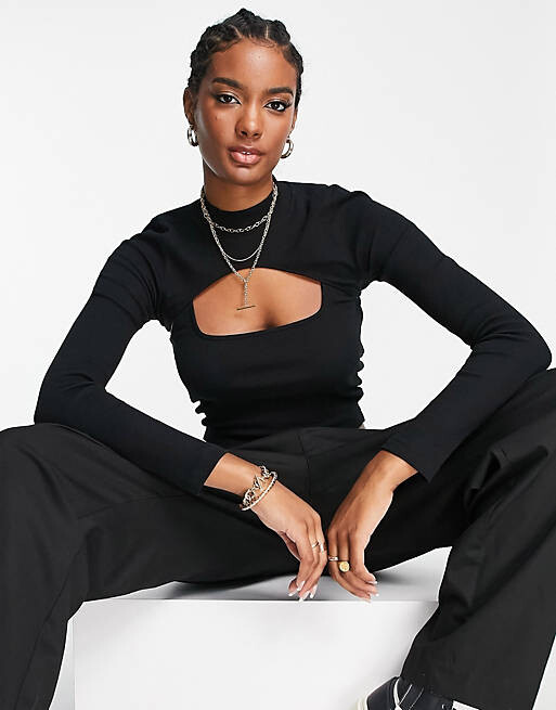 

Черный топ в рубчик с длинными рукавами и вырезом ASOS DESIGN 2 в 1