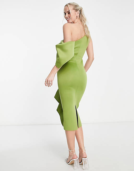 

Оливковое платье миди с открытыми плечами и рюшами ASOS DESIGN Tall