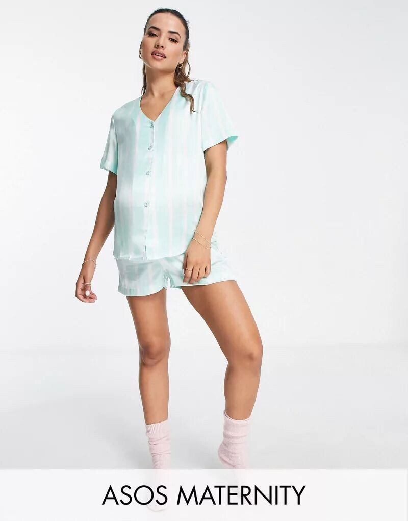 

Эксклюзивная пижама ASOS DESIGN Maternity с полосатой рубашкой и шортами мятно-зеленого цвета