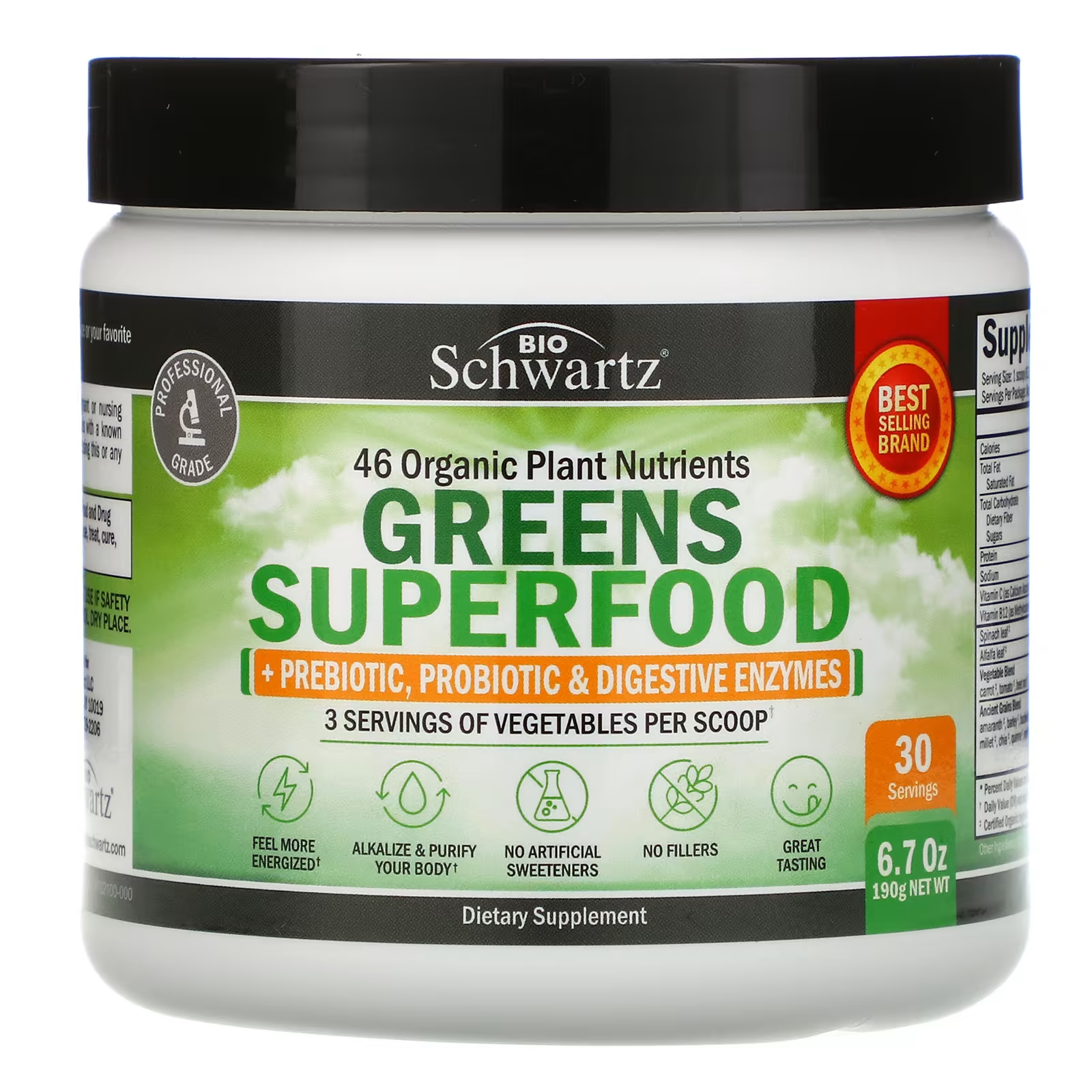 BioSchwartz Greens Superfood 6,7 унций (190 г) laperva organic probiotic strawberry 30 vegan gummies