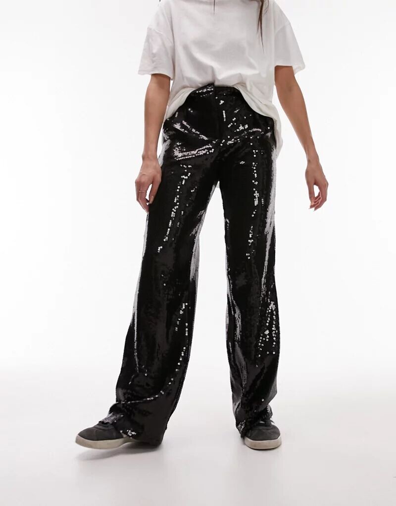 

Черные широкие брюки с пайетками и заниженной талией Topshop
