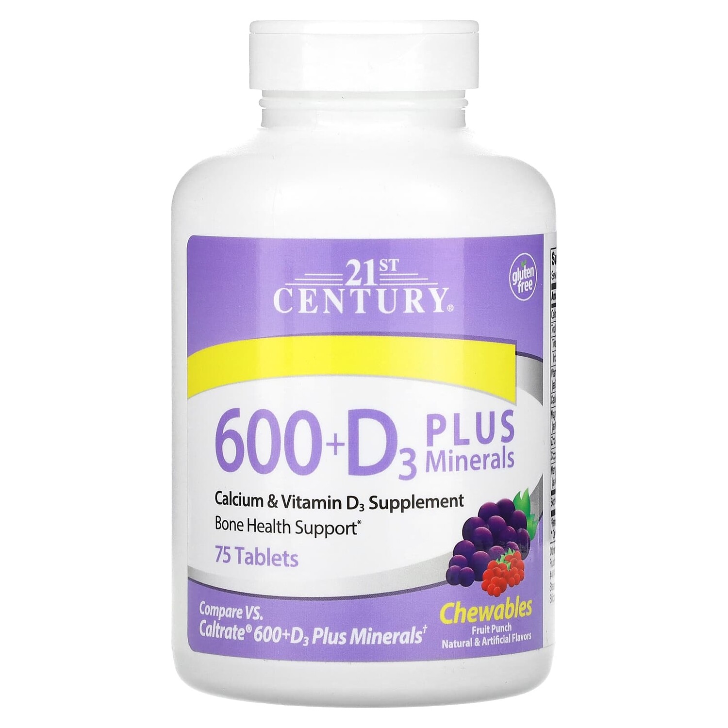 

600 + D3 Plus Minerals, фруктовый пунш, 75 жевательных таблеток, 21st Century