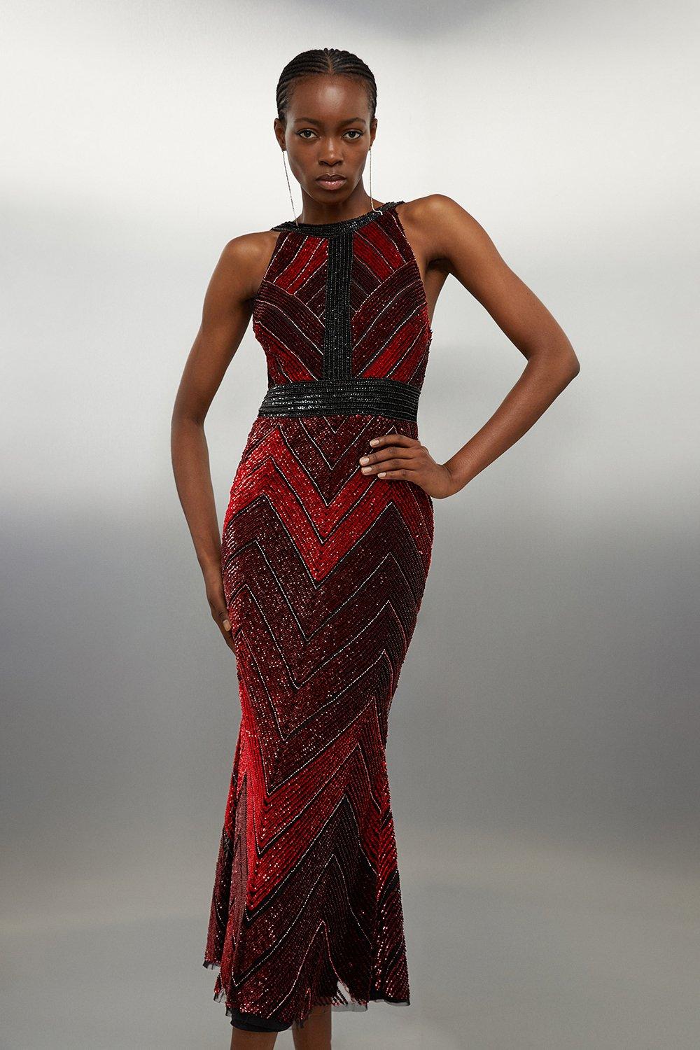 Высокое тканое платье мидакси премиум-класса, украшенное бисером Karen Millen, красный цена и фото