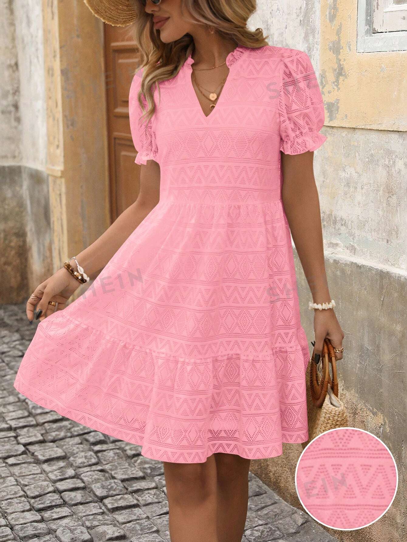 SHEIN VCAY Женское платье с v-образным вырезом и рукавами-фонариками, розовый