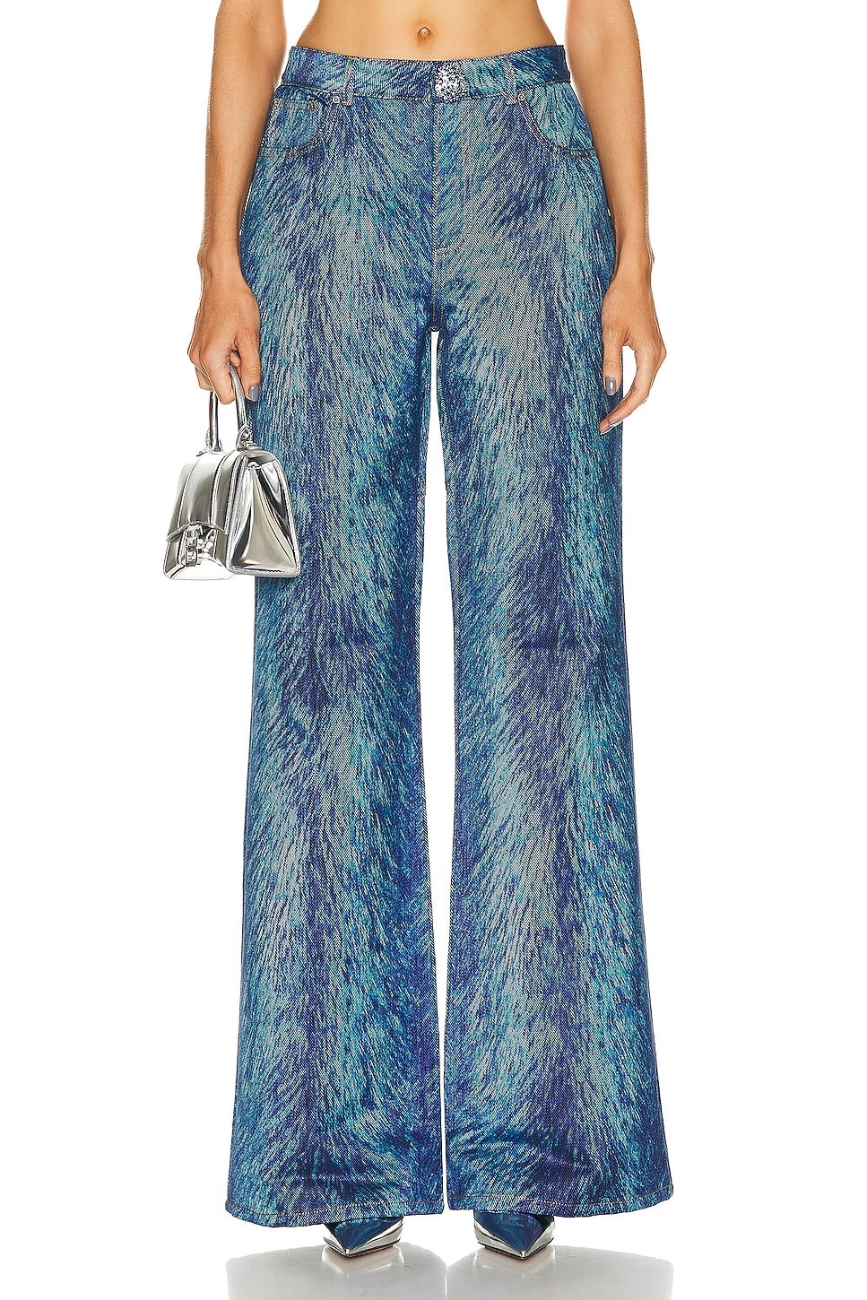 

Брюки Area Embroidered Crystal Button Faux Fur Printed Flare, цвет Indigo Multi