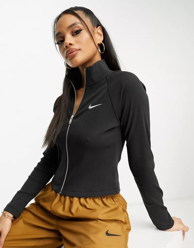 

Черный топ на молнии в рубчик Nike Trend