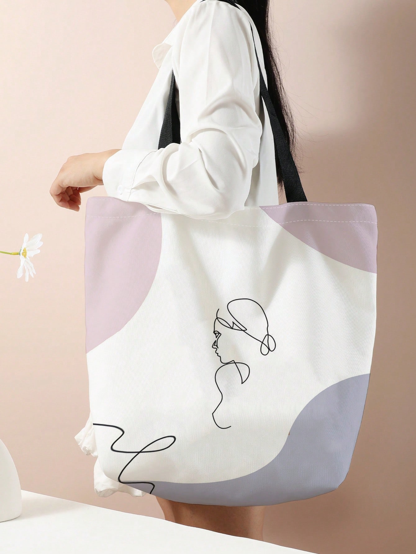Портативная большая вместительная холщовая сумка большой вместимости с контурными печатными персонажами для девочек-подростков, сиреневый фиолетовый